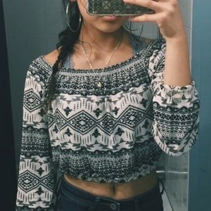 Aztec Print Off-the-Shoulder Cropped Long Sleeve